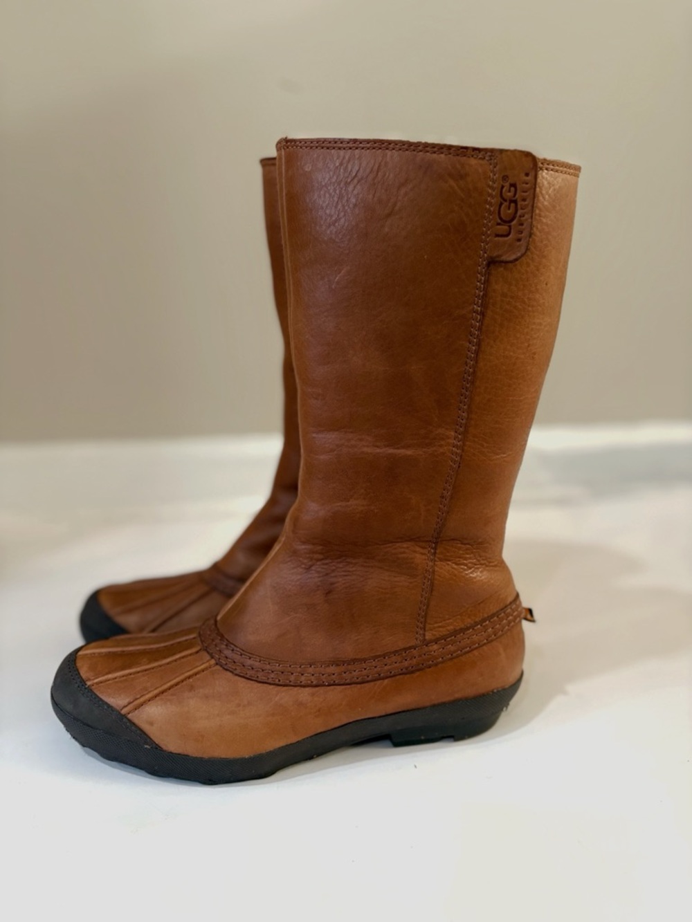 UGG Boots Women 8.5 Brown Leather Shearling Zip Mid Calf Casual Cozy Waterproof - Picture 3 of 11